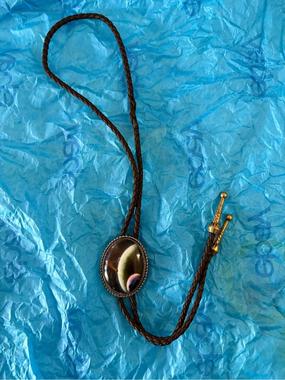 Space Planet Bolo Tie - Black and Green Oval Pendant